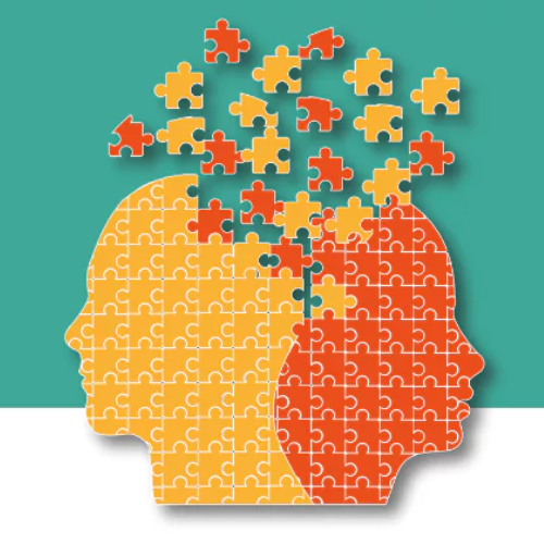 Masterclass 4. Curriculum Psychodiagnostiek omslagfoto met twee illustraties van hoofden, geel en rood, die door puzzelstukjes overlappen.